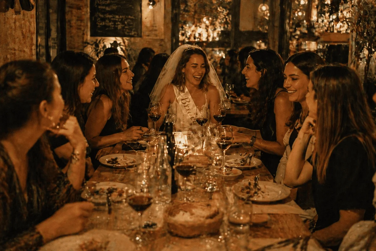 Cena de grupo en un restaurante de Gràcia durante una despedida de soltera en Barcelona