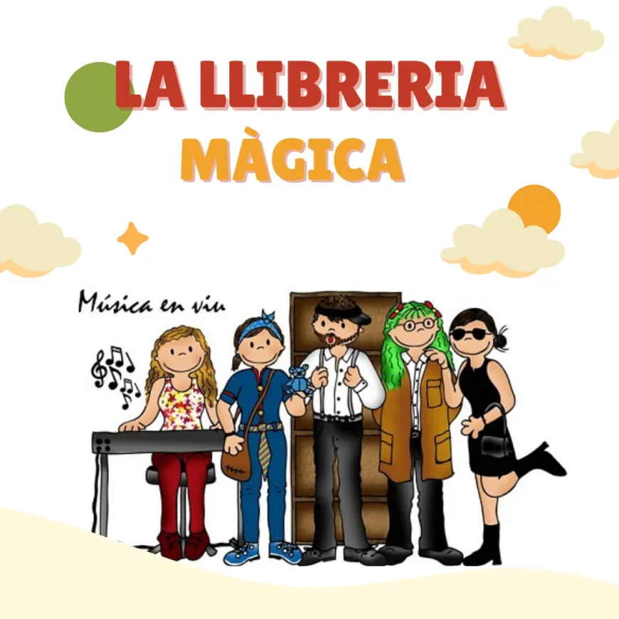 La llibreria màgica Cartel del espectáculo La librería mágica. En la parte superior aparece el título de la obra, y debajo se muestran los personajes dibujados. Uno de ellos toca el piano, indicando que el espectáculo cuenta con música en vivo.