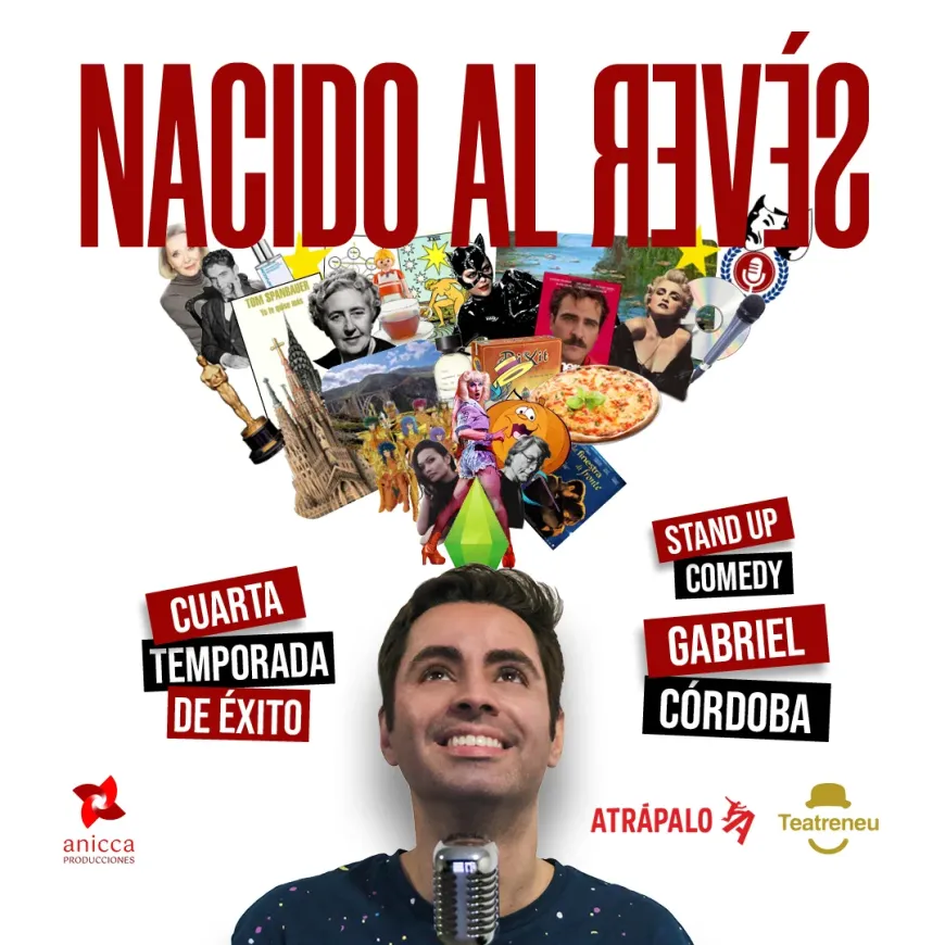 Cartel Nacido al revés Cartel del espectáculo, 4ª temporada, del monologuista Gabriel Córdoba. En la parte inferior se ve al artista con un micrófono mirando hacia arriba; de su cabeza salen imágenes que representan referentes y experiencias vitales, junto con el icono de diamante de Los Sims. El título, en rojo, aparece en la parte superior del cartel.