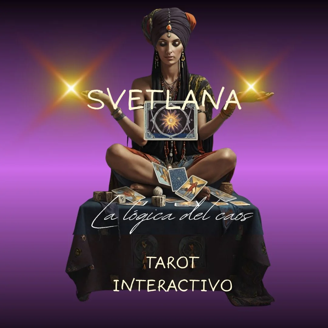 Cartel de la obra «Svetlana. La lógica del caos», con una tarotista rodeada de cartas sobre un fondo lila