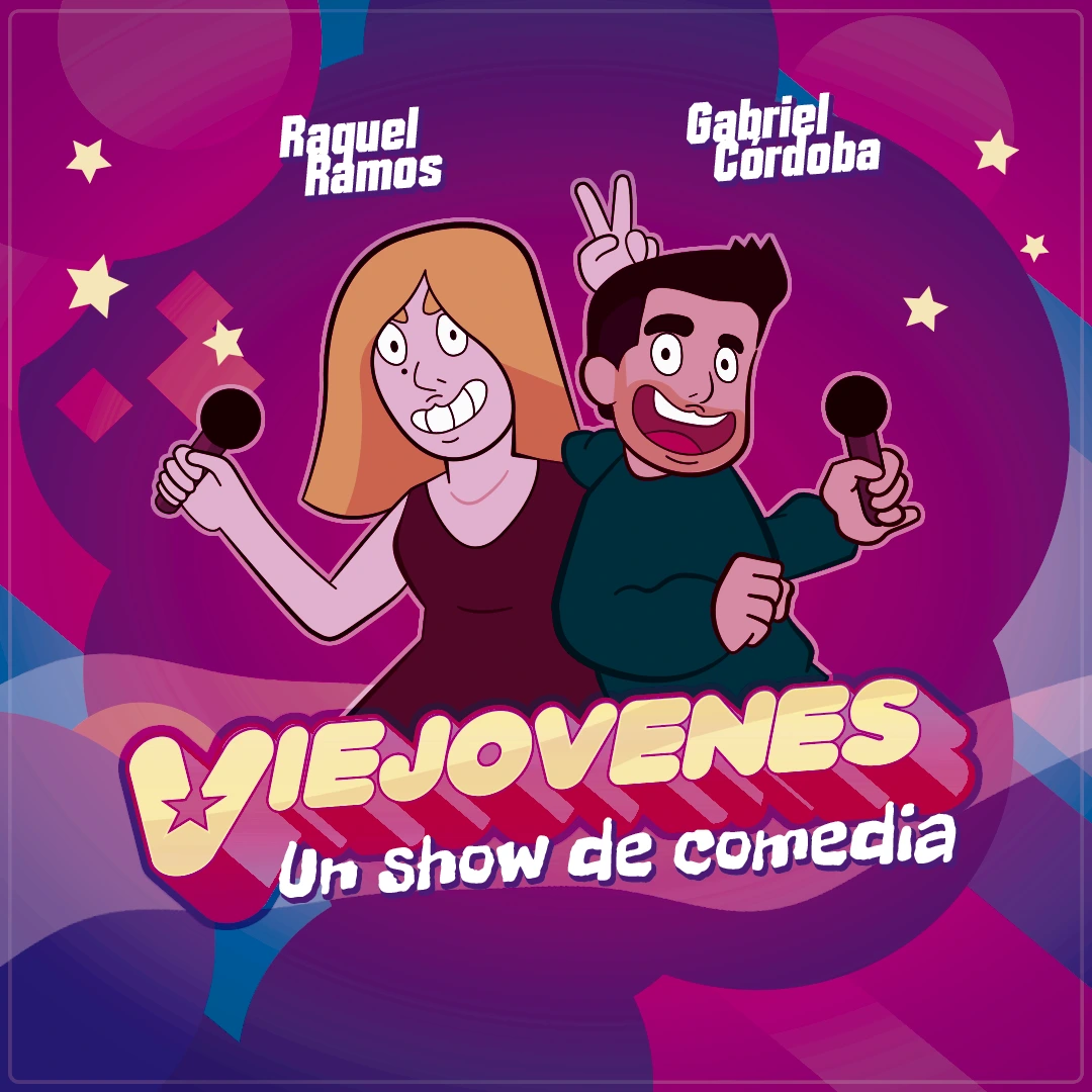 Cartel de Viejovenes, show de comedia. Aparecen Raquel Ramos y Gabriel Córdoba dibujados, con micrófonos, sobre fondo lila.