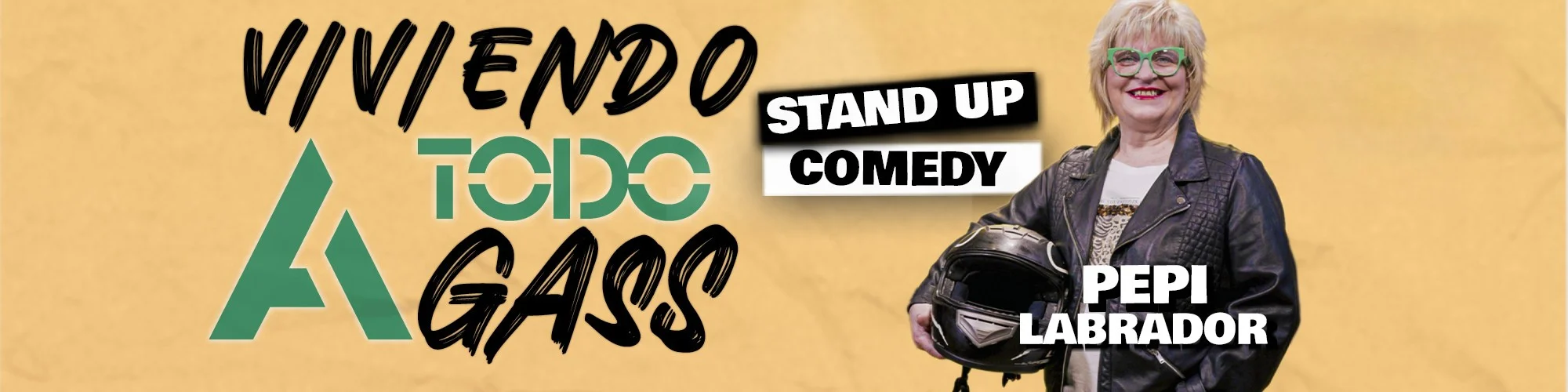 Cartel de Viviendo a todo gass. Monologuista sobre fondo amarillo.